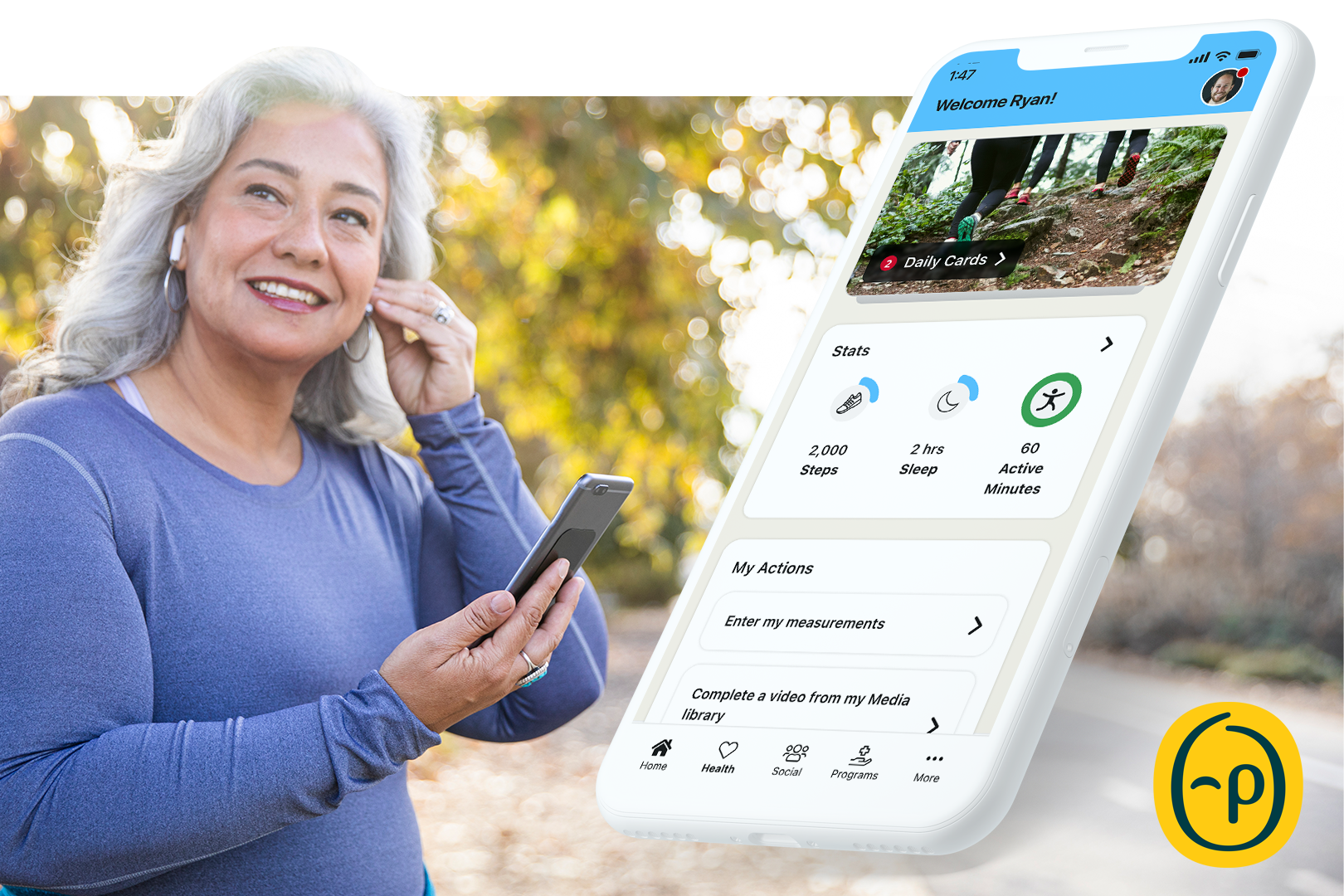 Woman tracking her exercise using the AlwaysOn app on her phone