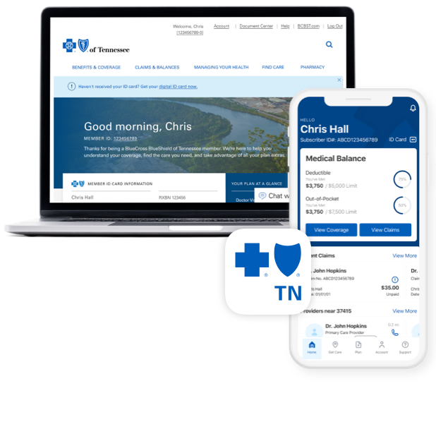 Smartphone showing the BlueCross mobile app and computer showing BlueCross member online account