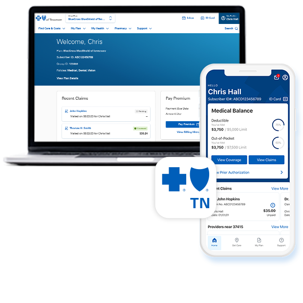 Smartphone showing the BlueCross mobile app and computer showing BlueCross member online account