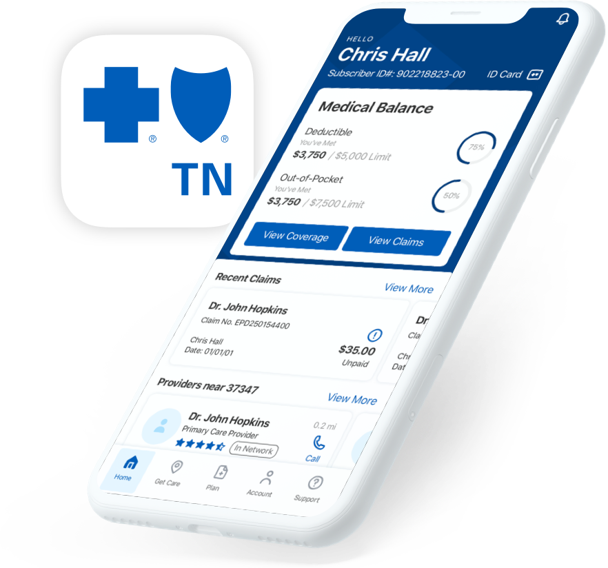 Image of BCBSTN member mobile app on phone screen